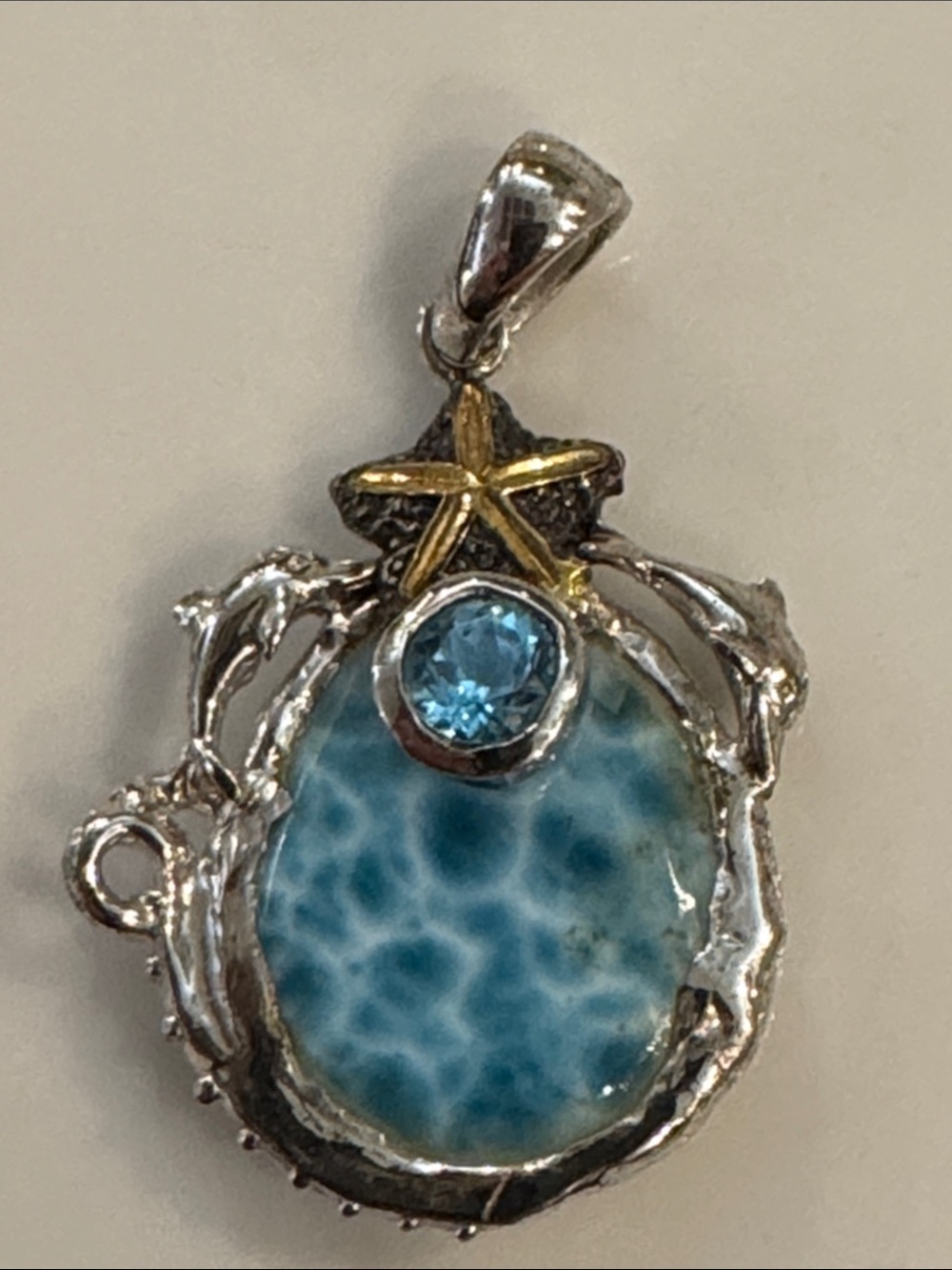 Larimar and Blue Topaz Starfish Dolphin Pendant - Silver - Picture 7 of 7